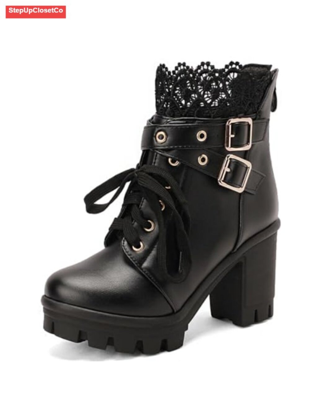 Women Gothic Platform Combat Ankle Booties with Chunky Heel & Side Zipper